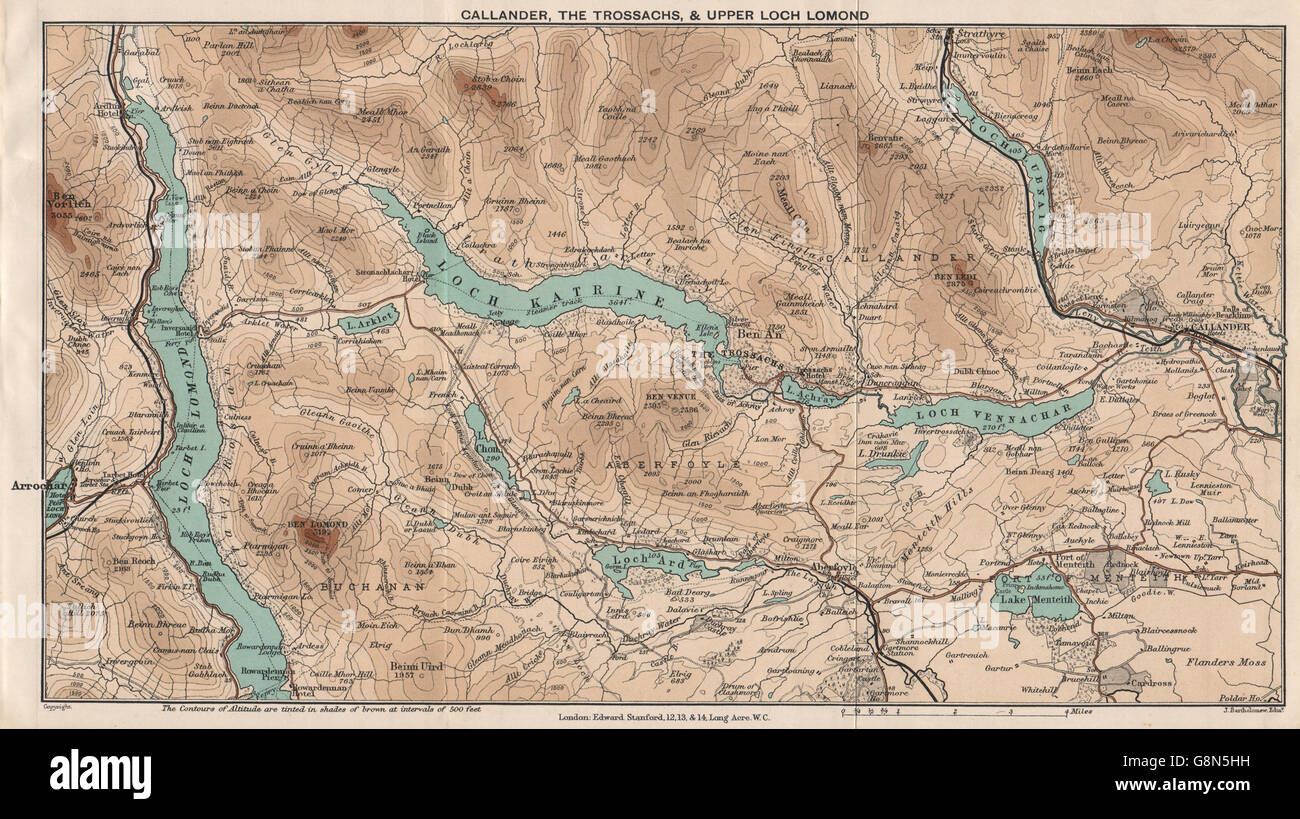 CALLANDER, THE TROSSACHS & oberen LOCH LOMOND Vintage Landkarte Schottland. STANFORD 1905 Stockfoto