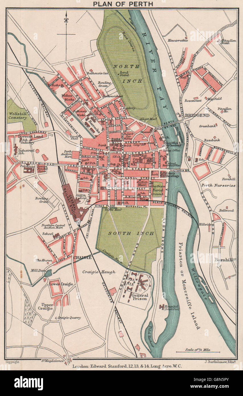 PERTH. Vintage Stadt Stadtplan. Schottland. STANFORD, 1905 Antike Landkarte Stockfoto