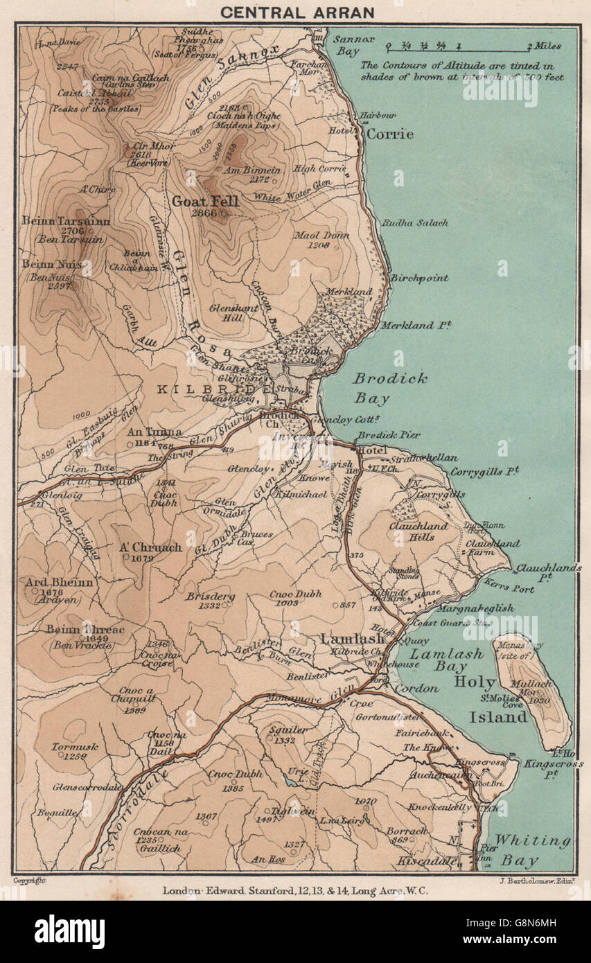 Isle of ARRAN Ostküste. Brodick Lamlash. Vintage Karte. Schottland. STANFORD 1905 Stockfoto