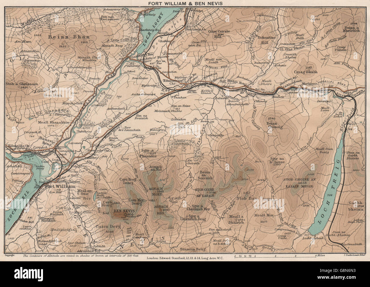 FORT WILLIAM & BEN NEVIS. Vintage Karte. Schottland. STANFORD, 1905 Stockfoto