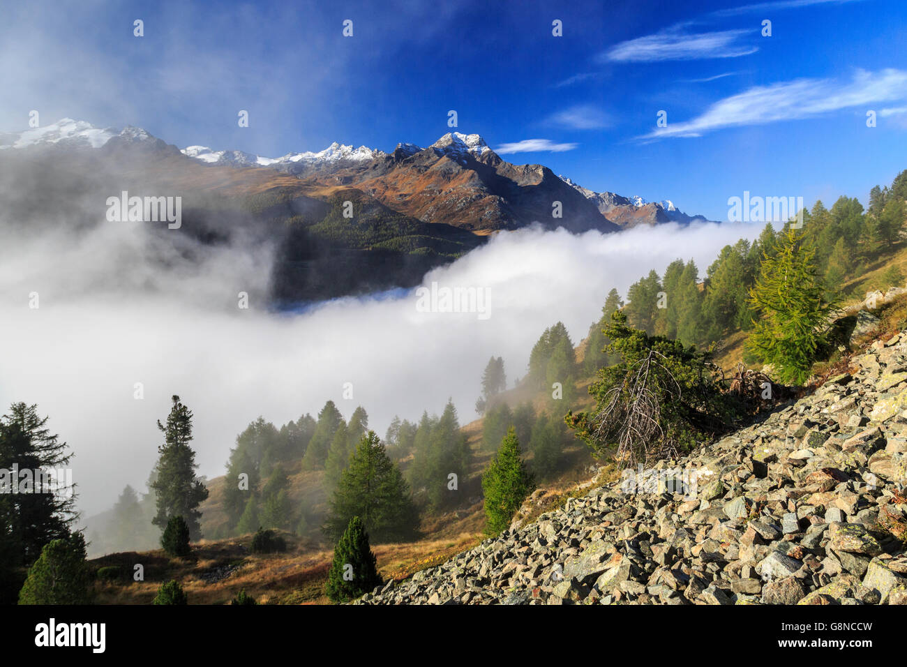 Niedrige Wolken und Nebel Landschaft mit Piz da la Margna im Hintergrund engadin Schweiz Europa Stockfoto