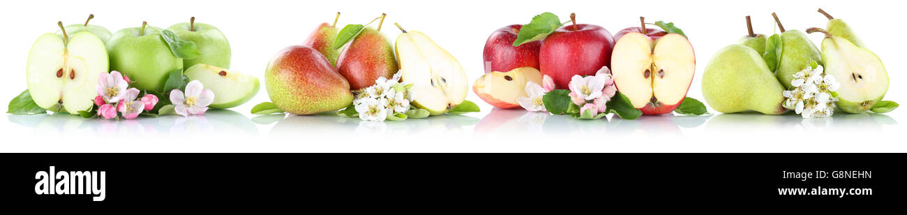Apfel und Birne Sammlung Äpfel Birnen Frucht geschnitten Früchten isoliert auf weißem Hintergrund Stockfoto