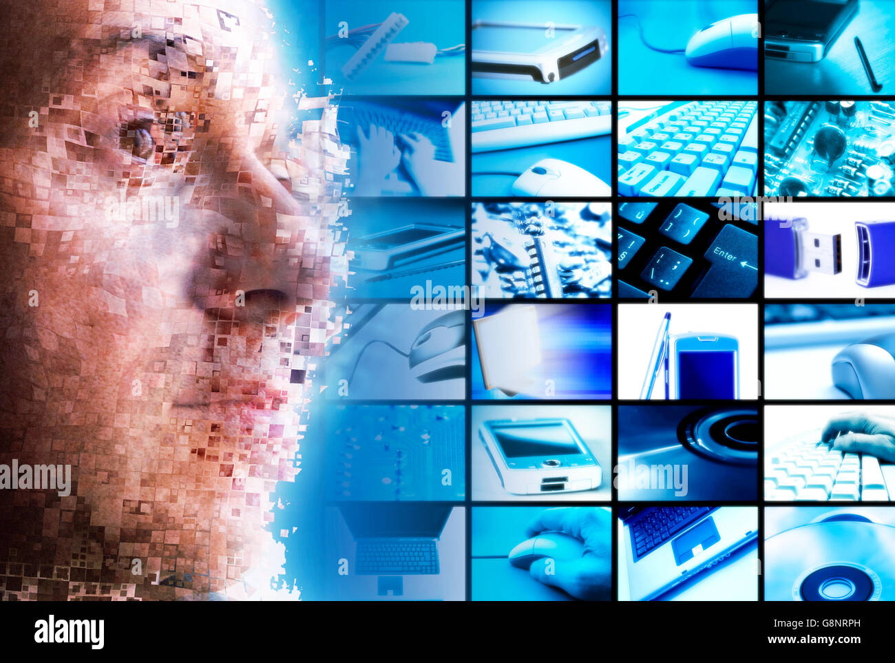 Konzeptionelle digitale Montage eines pixelierten menschlichen Gesichts neben einem Raster aus Computern, Tastaturen und elektronischer Technologie Stockfoto