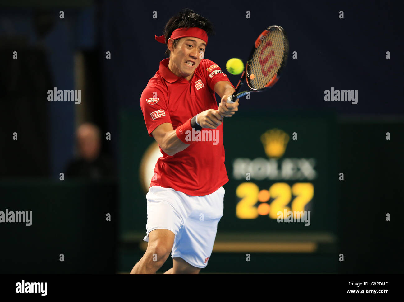 Der japanische Kei Nishikori in Aktion am dritten Tag des Davis Cup, World Group, First Round Match in der Barclaycard Arena, Birmingham. Stockfoto