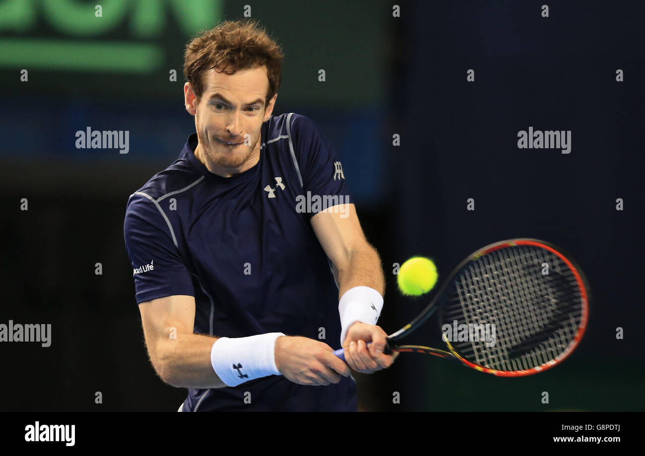 Der britische Andy Murray in Aktion am dritten Tag des Davis Cup, World Group, First Round Matches in der Barclaycard Arena, Birmingham. Stockfoto