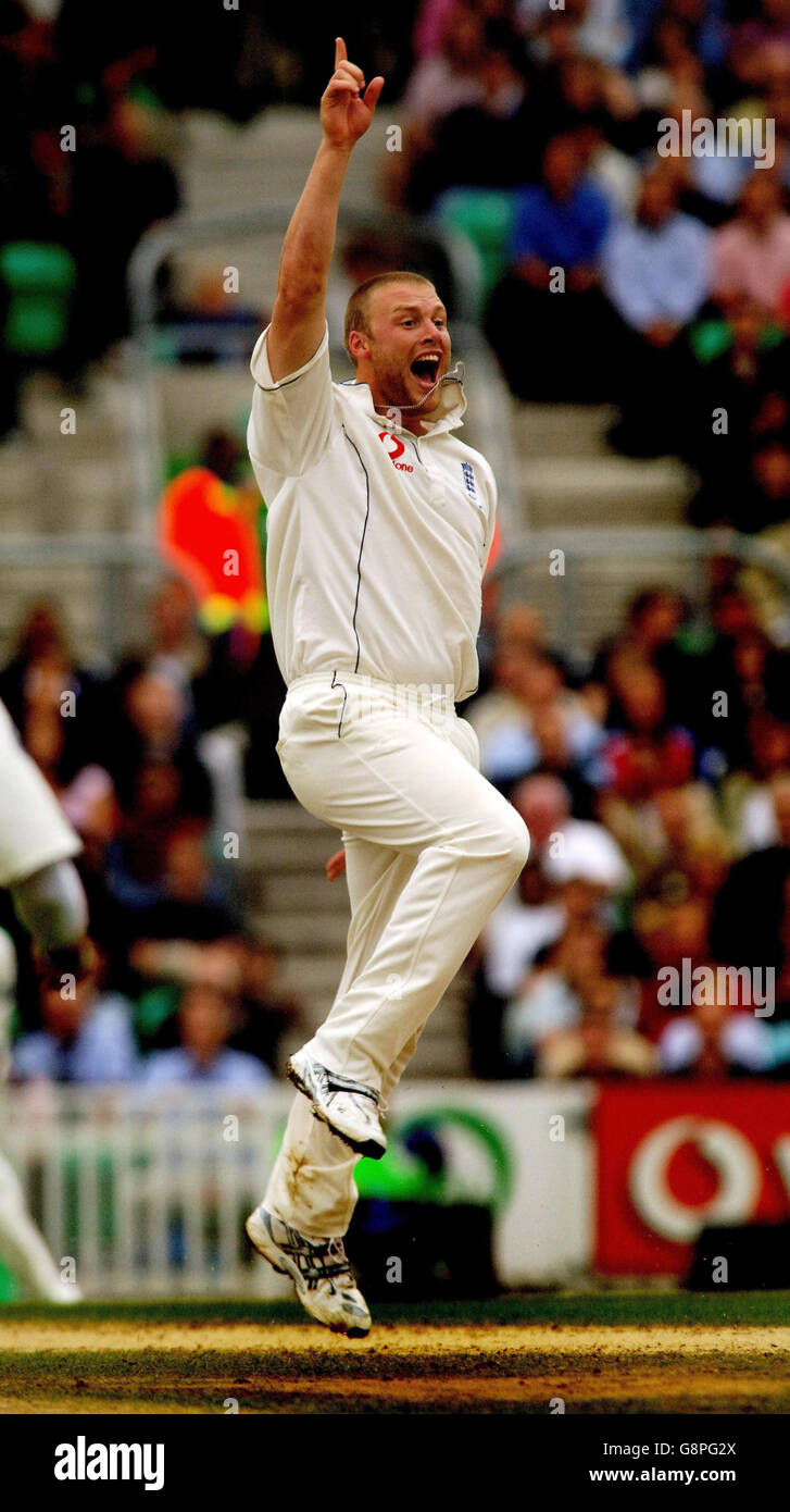 Der englische Andrew Flintoff feiert das Wicket von Matthew Hayden, Australien, am vierten Tag des fünften npower-Test-Spiels im Brit Oval, London, Sonntag, 11. September 2005. DRÜCKEN Sie VERBANDSFOTO. Bildnachweis sollte lauten: Rui Vieira/PA. Stockfoto