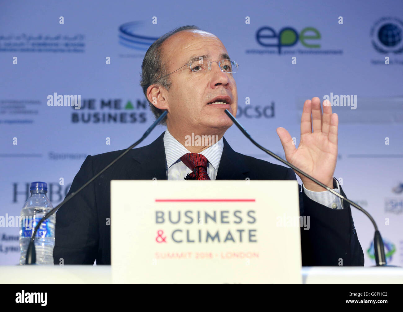 Der ehemalige Präsident Mexikos und Vorsitzende der Globalen Kommission für Wirtschaft und Klima, Fillian Calderon, spricht auf dem Business & Climate Summit 2016 in der Guildhall in London. Stockfoto