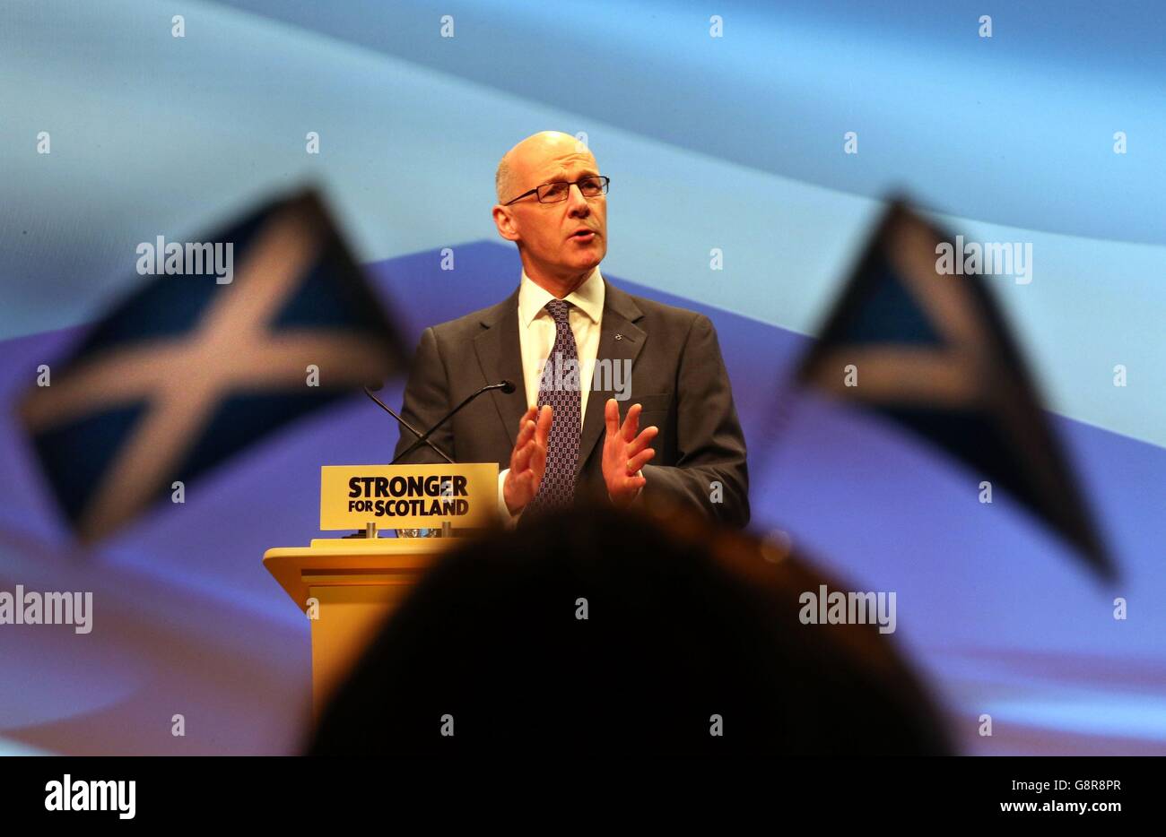 Der stellvertretende erste Minister John Swinney spricht auf der SNP-Frühjahrstagung beim SECC in Glasgow. Stockfoto