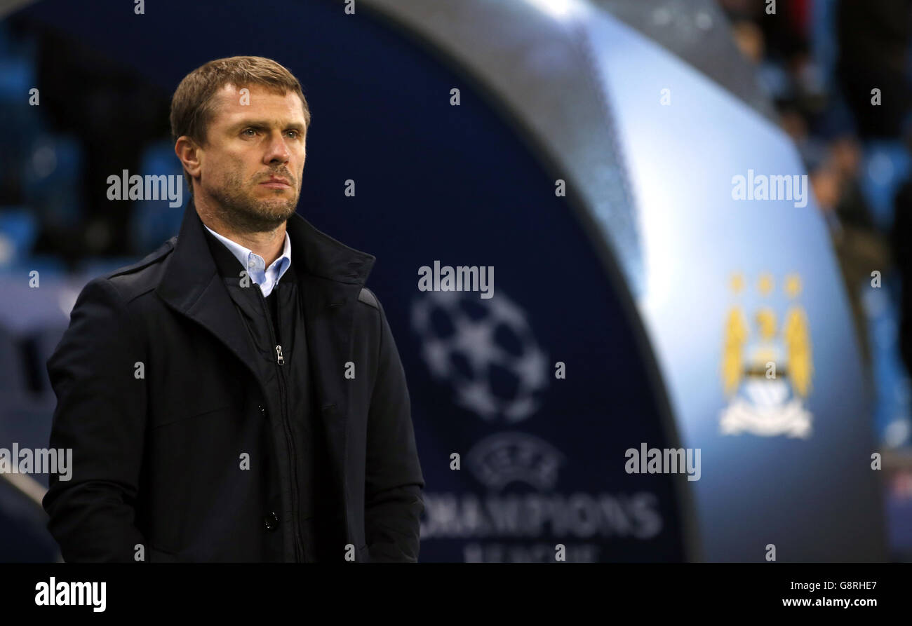 Manchester City / Dynamo Kiew - UEFA Champions League - 16. Runde - zweite Etappe - Etihad Stadium. Dynamo Kiew-Manager Serhiy Rebrov während des UEFA Champions League-Spiels im Etihad Stadium, Manchester. Stockfoto