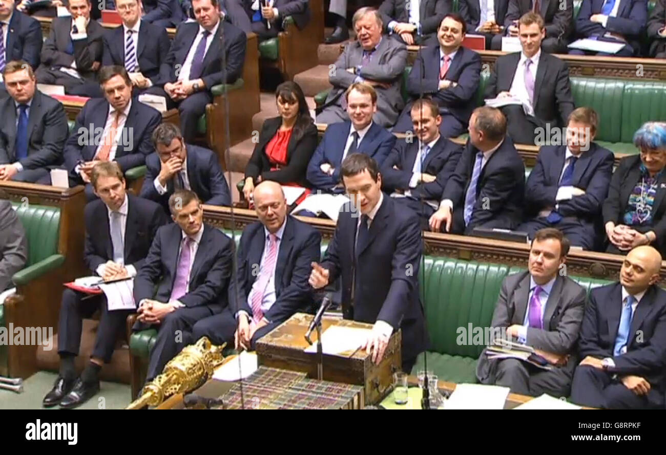 Bundeskanzler George Osborne spricht am letzten Tag der Haushaltsdebatte im Londoner Unterhaus. Stockfoto