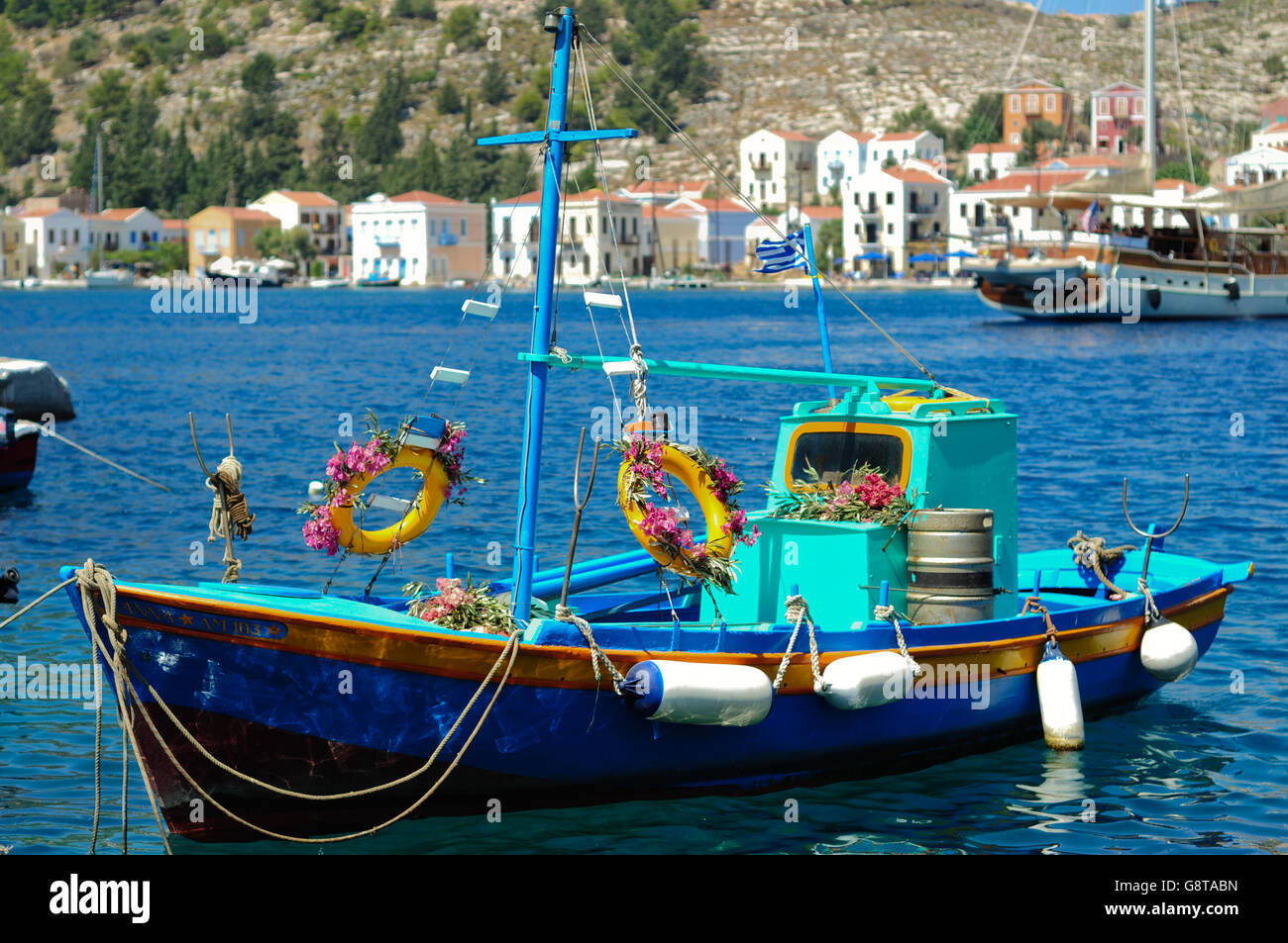 Ein traditionell eingerichteten griechischen Fischerboot in Kastellorizo Insel Griechenlands, aufgenommen im Sommer 2011 Stockfoto