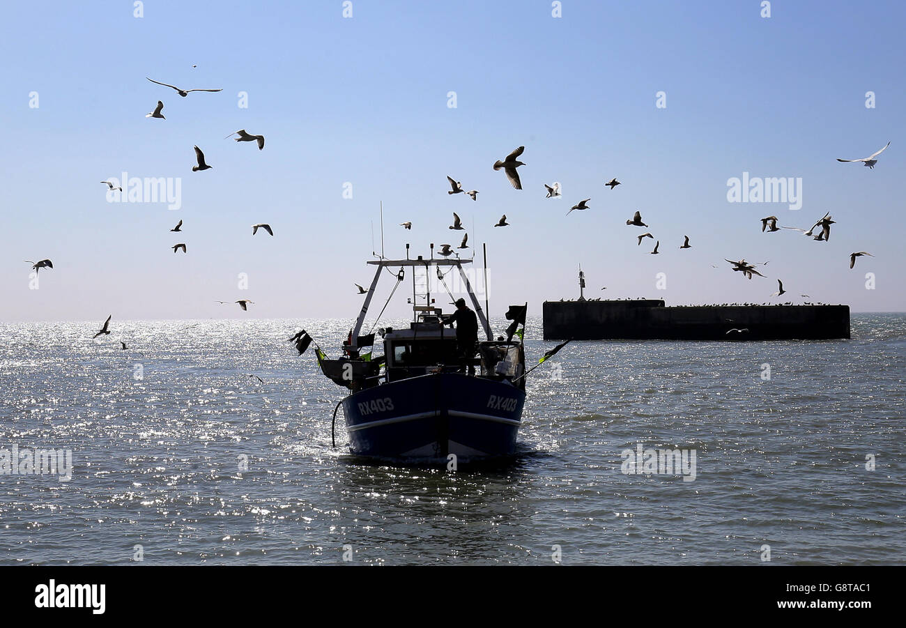 Ein Fischerboot kommt am Strand in Hastings, East Sussex an. Stockfoto