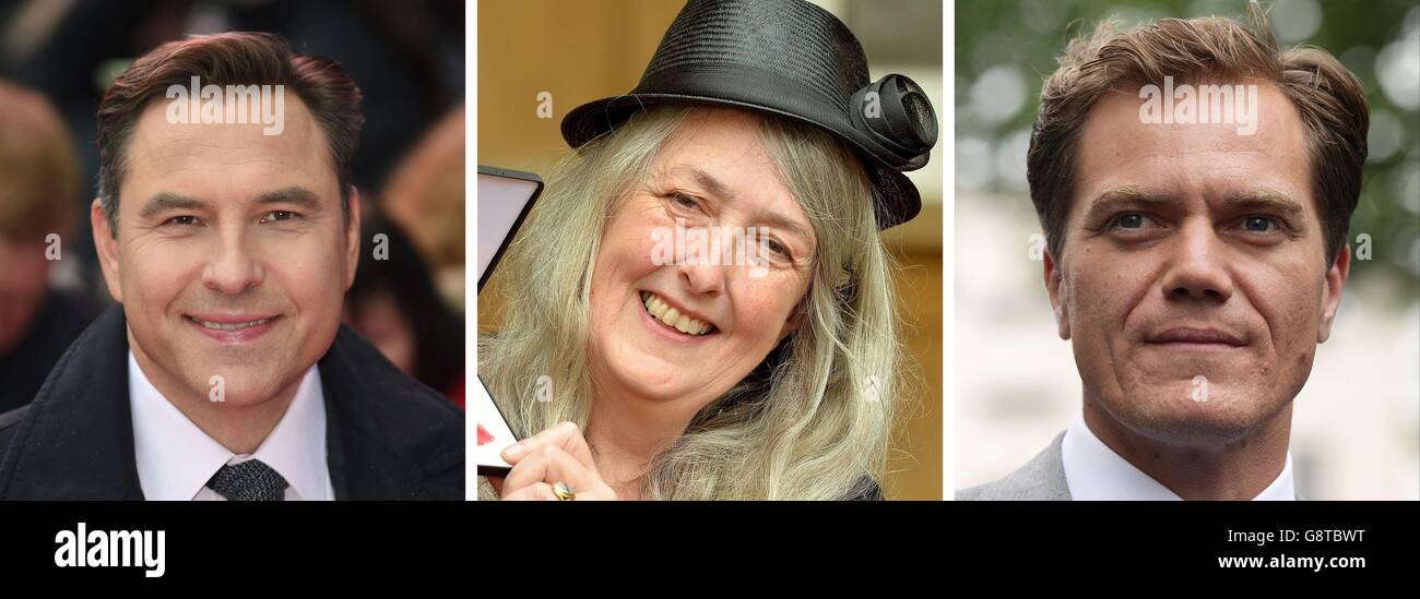 Fotos von (von links) David Walliams, Mary Beard und Michael Shannon. Stockfoto