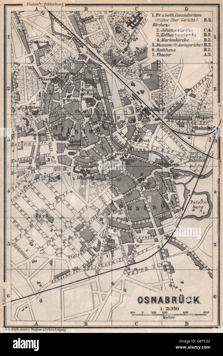 OSNABRÜCK antiken Stadt Stadt attraktivem. Niedersachsen-Karte. BAEDEKER, 1886-Karte Stockfoto