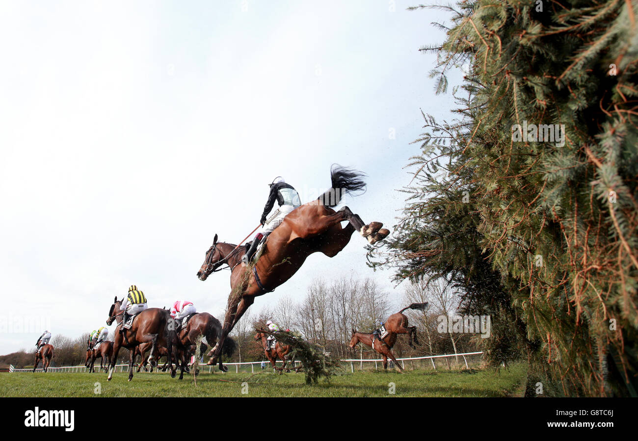 Läufer und Reiter während des Crabbie's Topham Chase während des Ladies Day des Crabbie's Grand National Festivals auf der Aintree Racecourse, Liverpool. Stockfoto