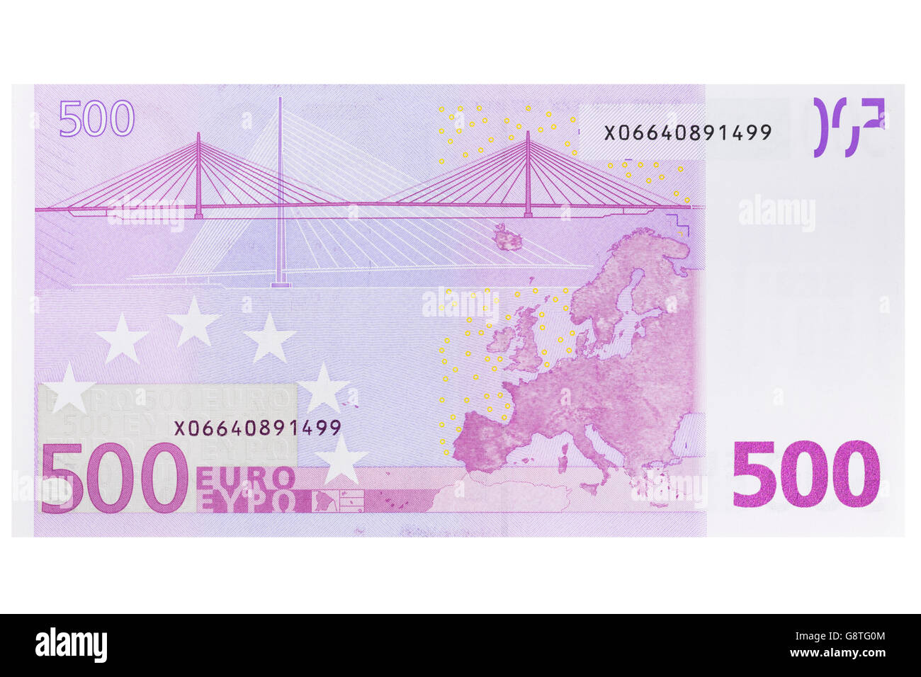Fünfhundert-Euro-Banknote auf weißem Hintergrund Stockfoto