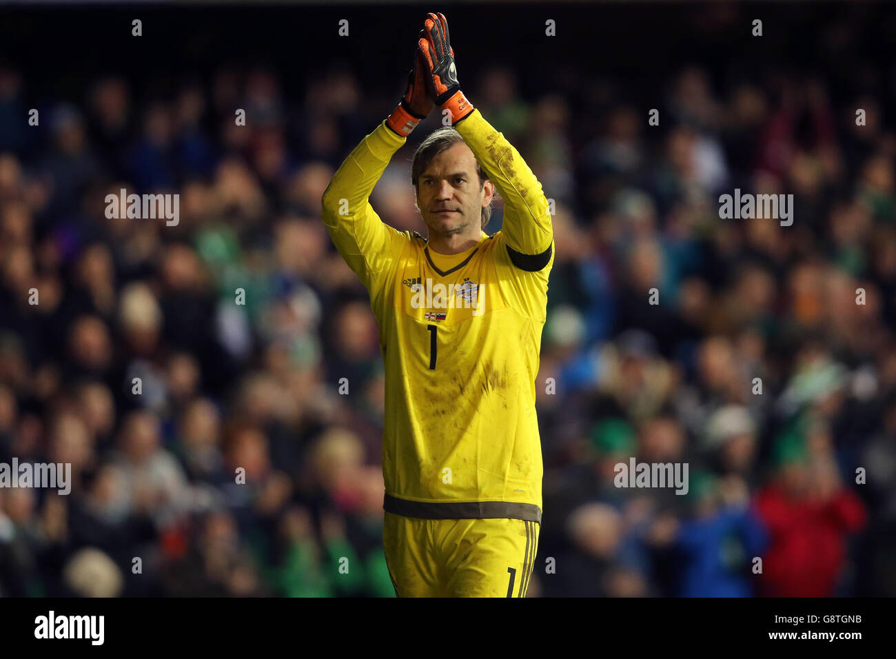 Nordirland-Torwart Roy Carroll applaudiert den Fans nach dem letzten Pfiff während eines International Friendly im Windsor Park, Belfast. Stockfoto