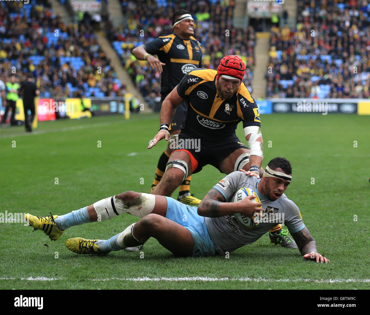 Wasps' James Haskell (Mitte) und Northampton Saints' Courtney Lawes (vorne) während des Spiels der Aviva Premiership in der Ricoh Arena, Coventry. DRÜCKEN SIE VERBANDSFOTO. Bilddatum: Sonntag, 3. April 2016. Siehe PA Story RUGBYU Wesps. Bildnachweis sollte lauten: Nigel French/PA Wire. Stockfoto