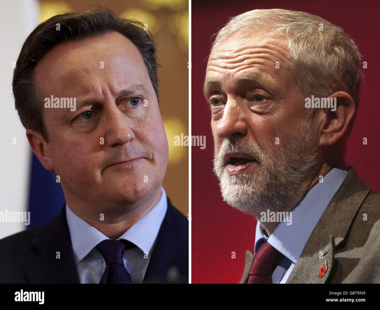 Fotos von Premierminister David Cameron (links) und Labour-Parteivorsitzender Jeremy Corbyn. Der Premierminister steht vor Forderungen, eine Erklärung im Parlament abzugeben, in der er seine Finanzangelegenheiten festlegt, als er sich bemühte, eine Grenze unter dem Streit über seine Verbindung zu den Offshore-Geschäftsinteressen seines verstorbenen Vaters zu ziehen. Stockfoto