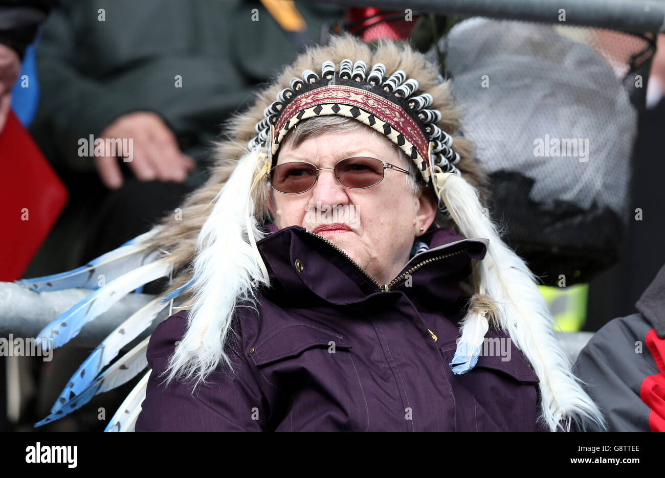 Wasps gegen Exeter Chiefs – European Champions Cup – Viertelfinale – Ricoh Arena. Ein Exeter Chiefs-Fan im Stand vor dem Viertelfinalspiel des European Champions Cup in der Ricoh Arena, Coventry. Stockfoto