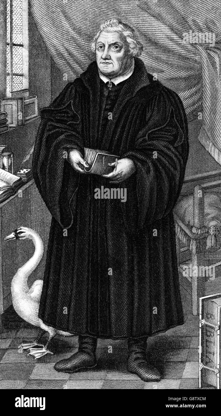 Martin Luther (1483-1546), deutscher Professor für Theologie und eine Schlüsselfigur in der protestantischen Reformation. Kupferstich von Russell, 1838. Stockfoto