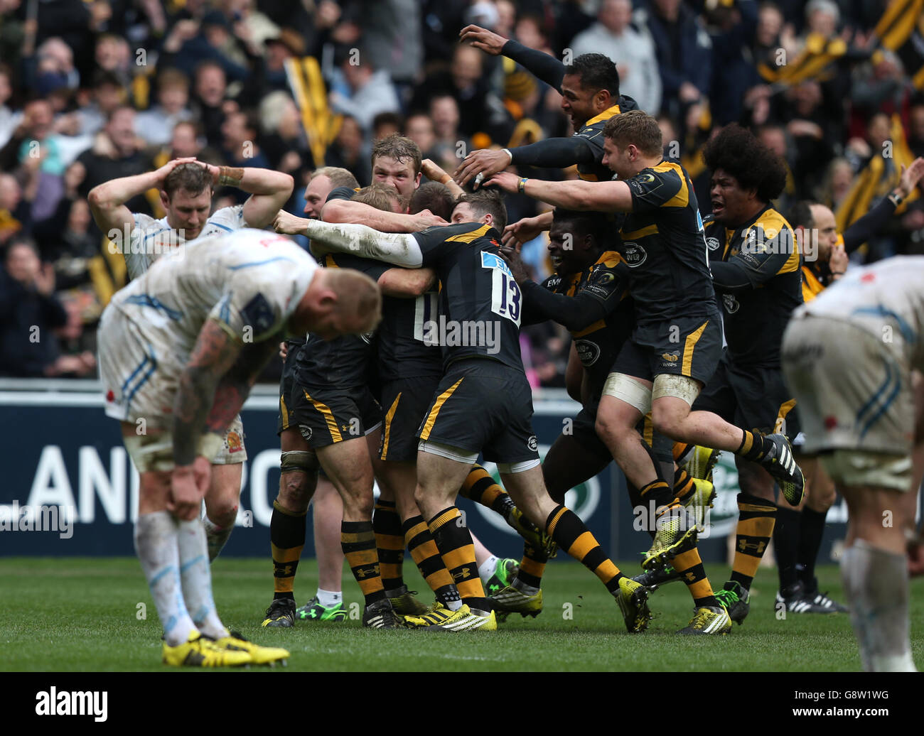 Wasps gegen Exeter Chiefs – European Champions Cup – Viertelfinale – Ricoh Arena. Wasps feiern den Gewinn des European Champions Cup, des Viertelfinalmatches in der Ricoh Arena, Coventry. Stockfoto