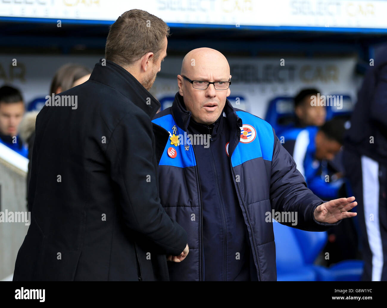 Reading V Birmingham City - Sky Bet Championship - Madejski Stadium. Lesemanager Brian McDermott (rechts) und Birmingham City-Manager Gary Rowett vor dem Anpfiff Stockfoto