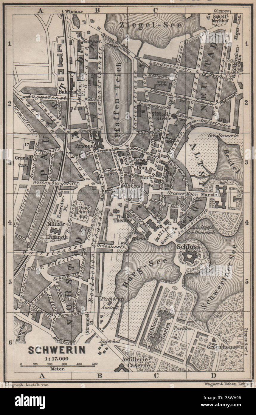 SCHWERIN antiken Stadt Stadt attraktivem. Mecklenburg-Vorpommern Karte, 1886-Karte Stockfoto