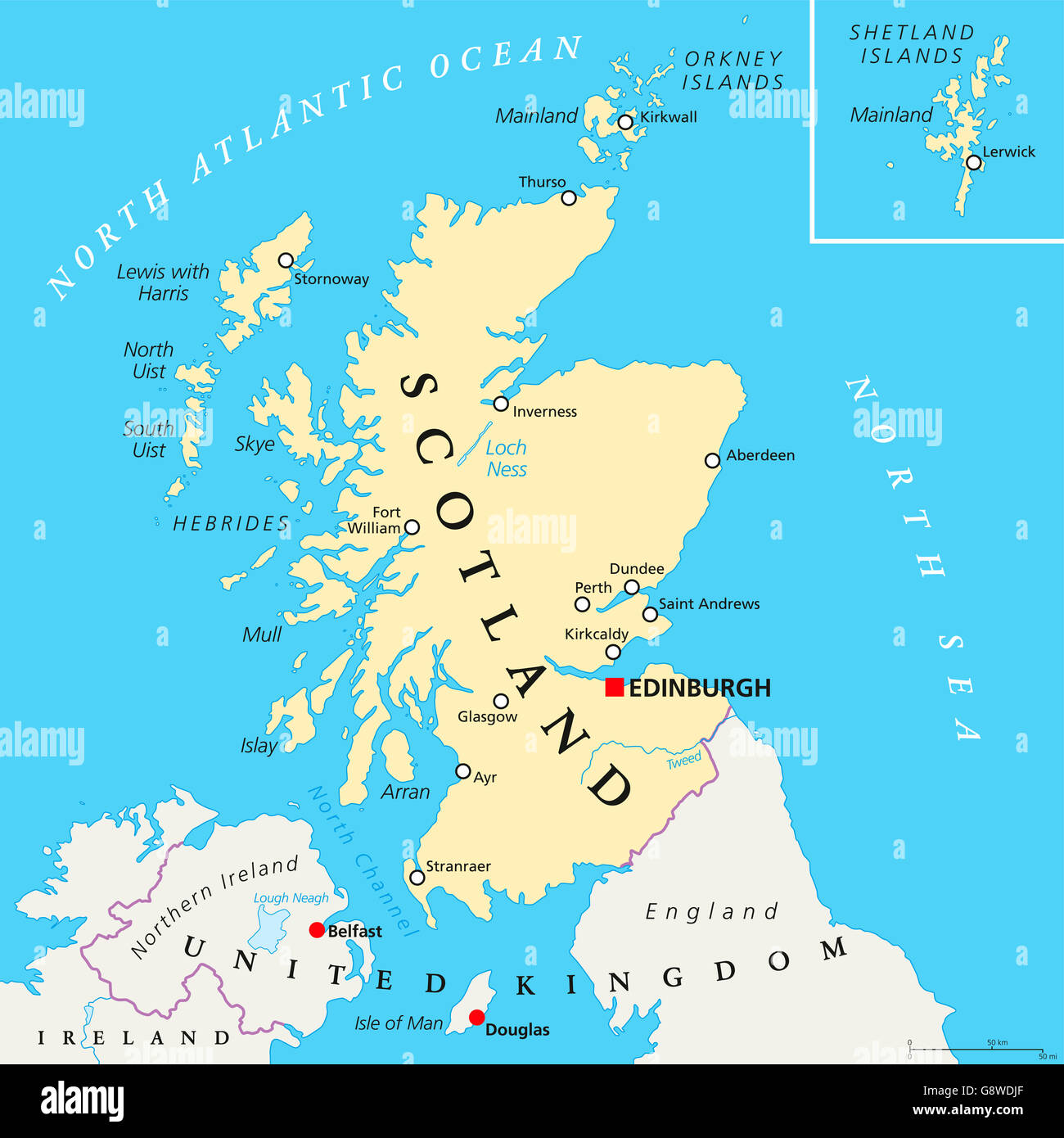 Unabhängigen Schottland politische Karte mit Hauptstadt Edinburgh, nationale Grenzen und wichtigen Städten. Stockfoto