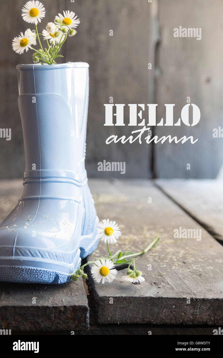 Hallo Herbst Text, Daisy und Stiefel auf einem Vintage Tisch, Stockfoto