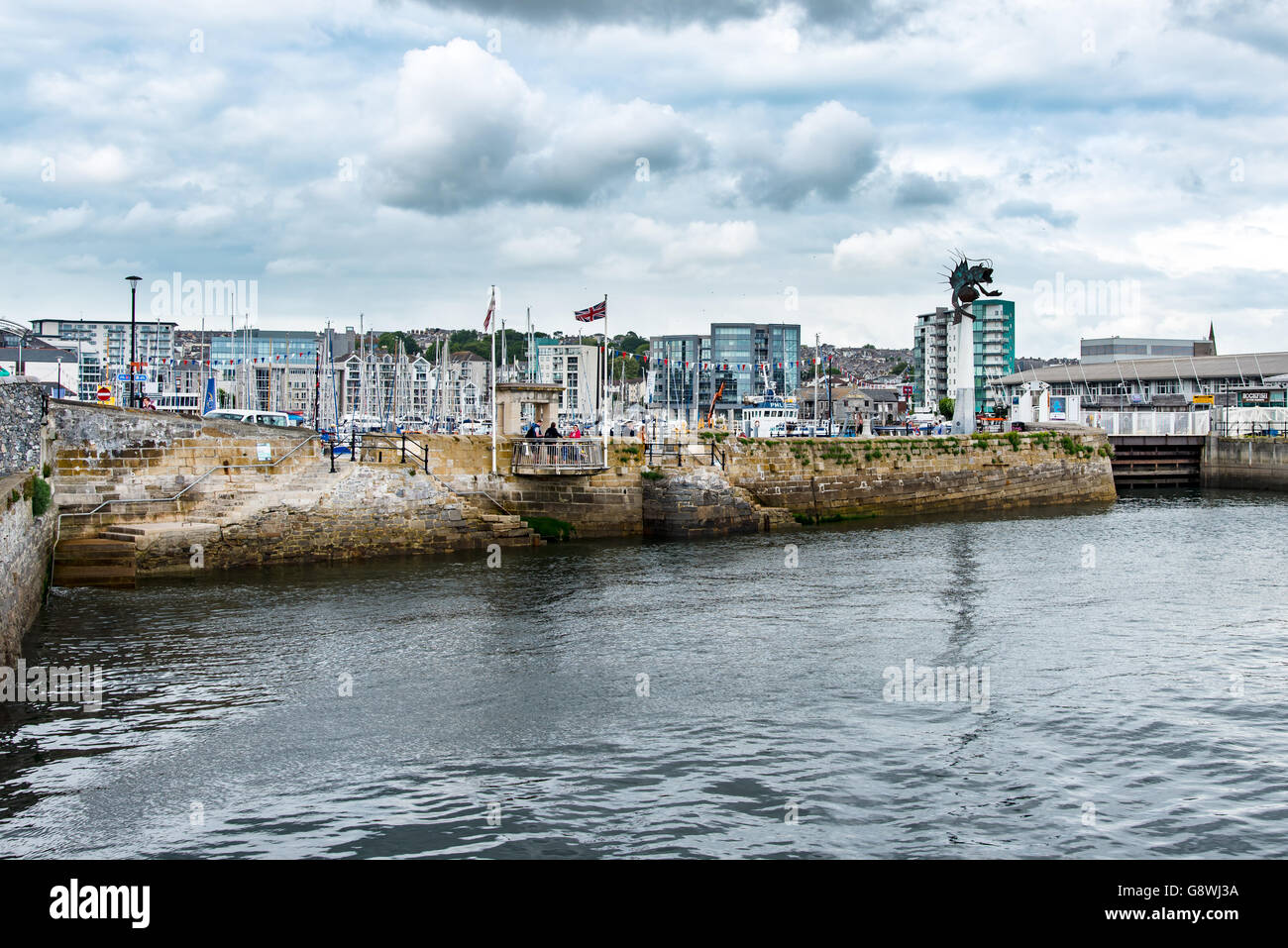 Die Mayflower Schritte auf die Barbakane, Plymouth. Stockfoto