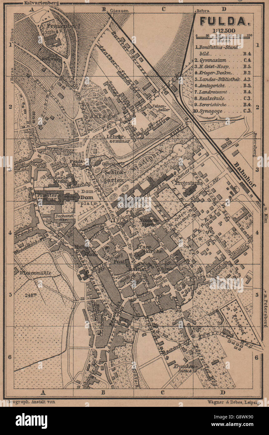 FULDA antiken Stadt Stadt attraktivem. Hessen Karte. BAEDEKER, 1900