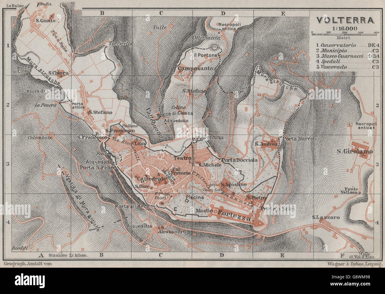 VOLTERRA antiken Stadt Stadt Plan Klavier interne. Italien-Mappa, 1909 Stockfoto