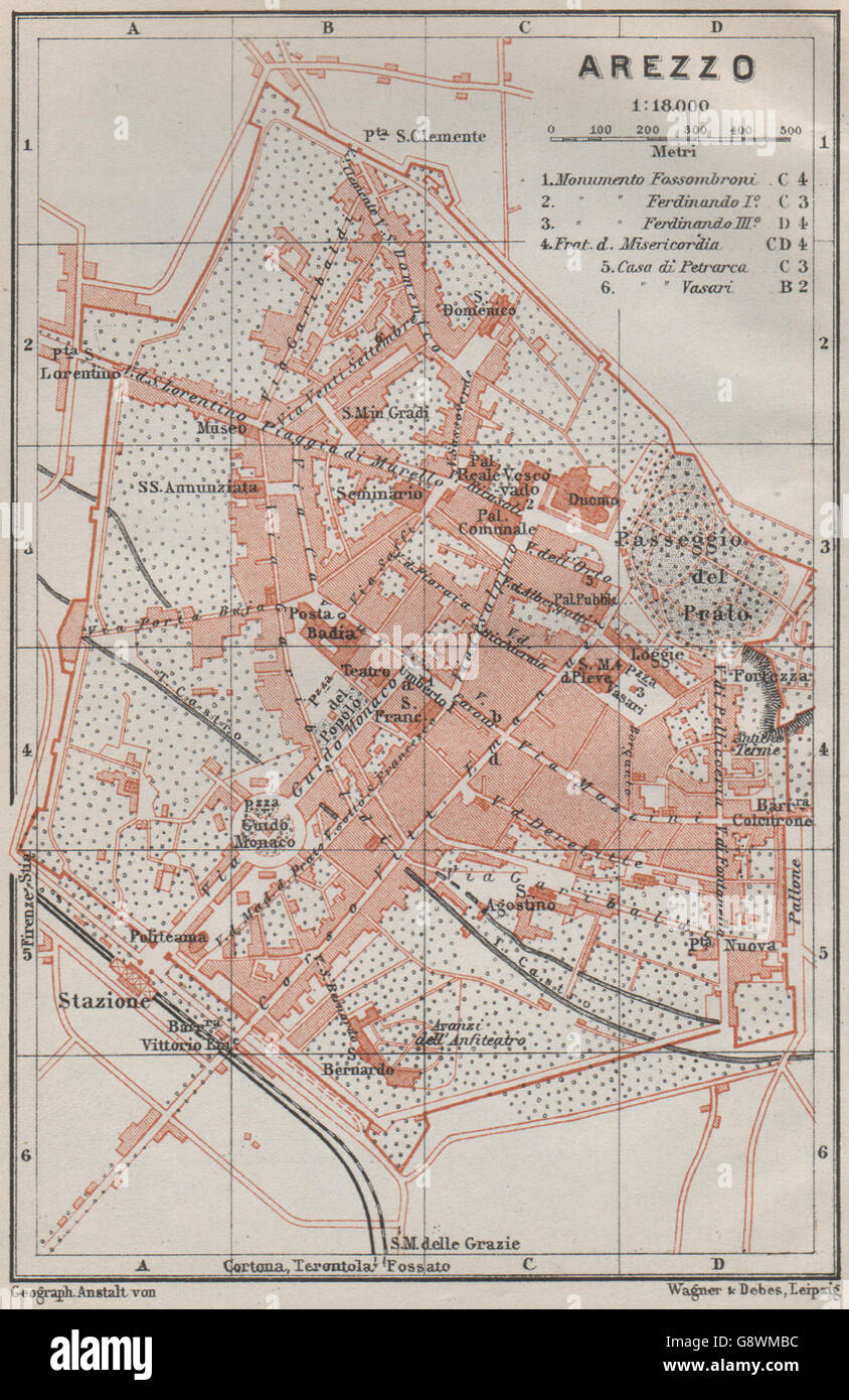 AREZZO antiken Stadt Stadt Plan Klavier interne. Italien-Mappa. BAEDEKER, 1909 Stockfoto