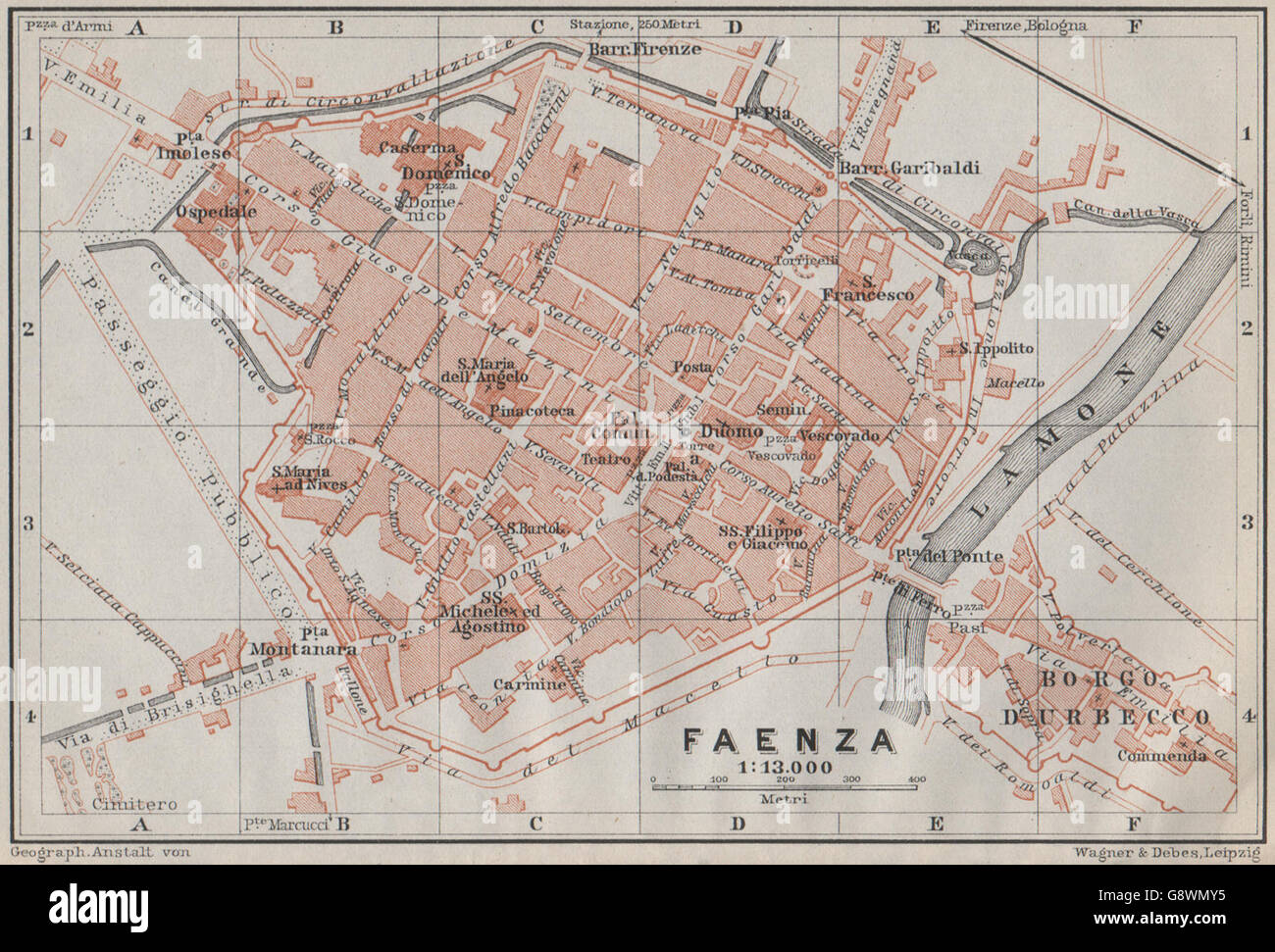 FAENZA antiken Stadt Stadt Plan Klavier interne. Italien-Mappa. BAEDEKER, 1909 Stockfoto