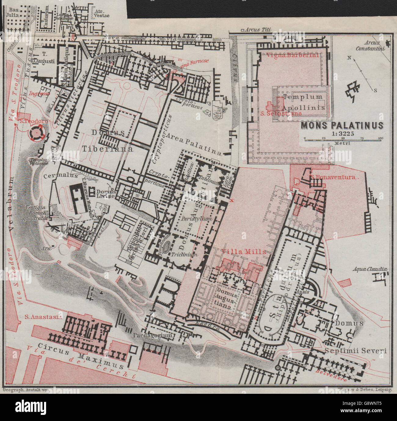 DER PALATIN. MONS PALATINUS Grundriss. Rom-Mappa. BAEDEKER, 1909 Stockfoto