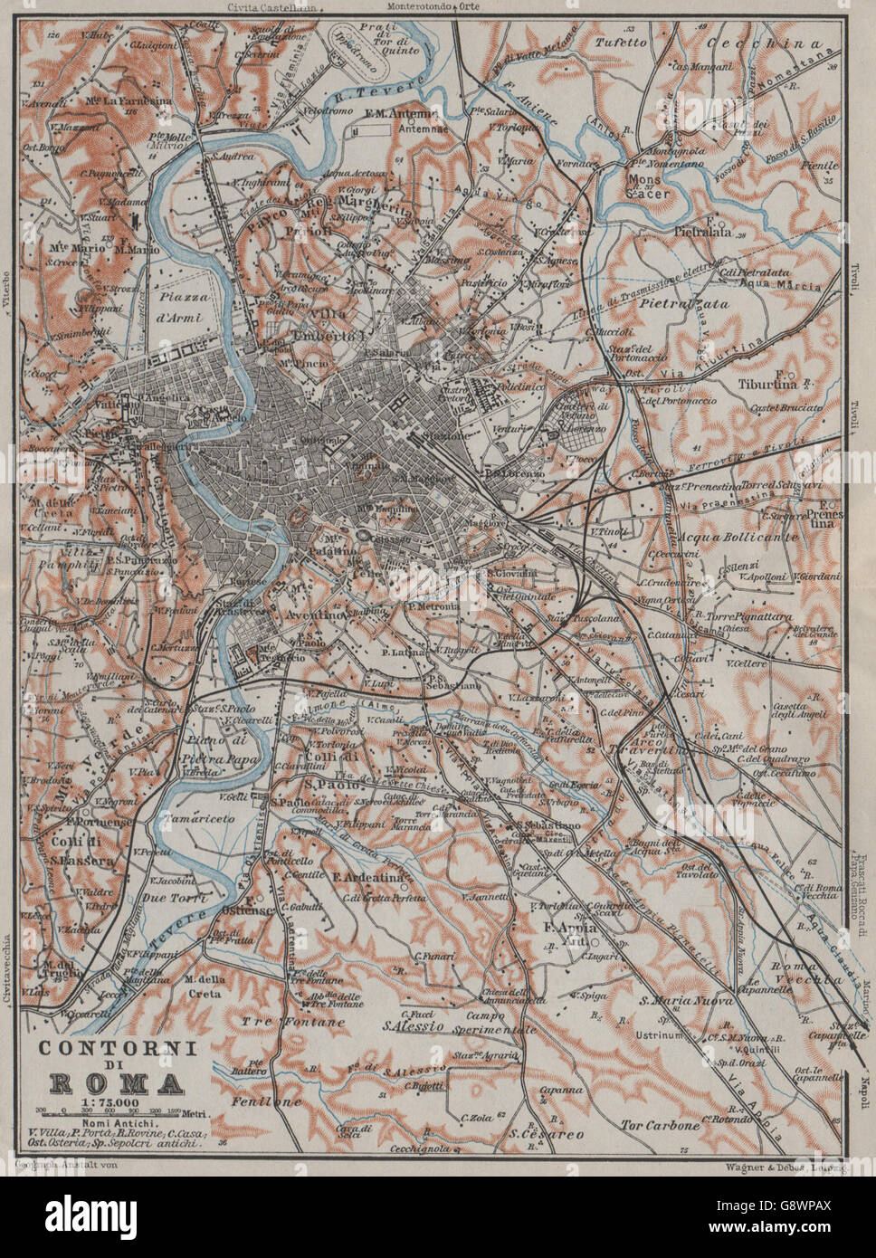 ROM & UMGEBUNG. CONTORNI DI ROMA. Roma-Mappa. BAEDEKER, 1909 Stockfoto