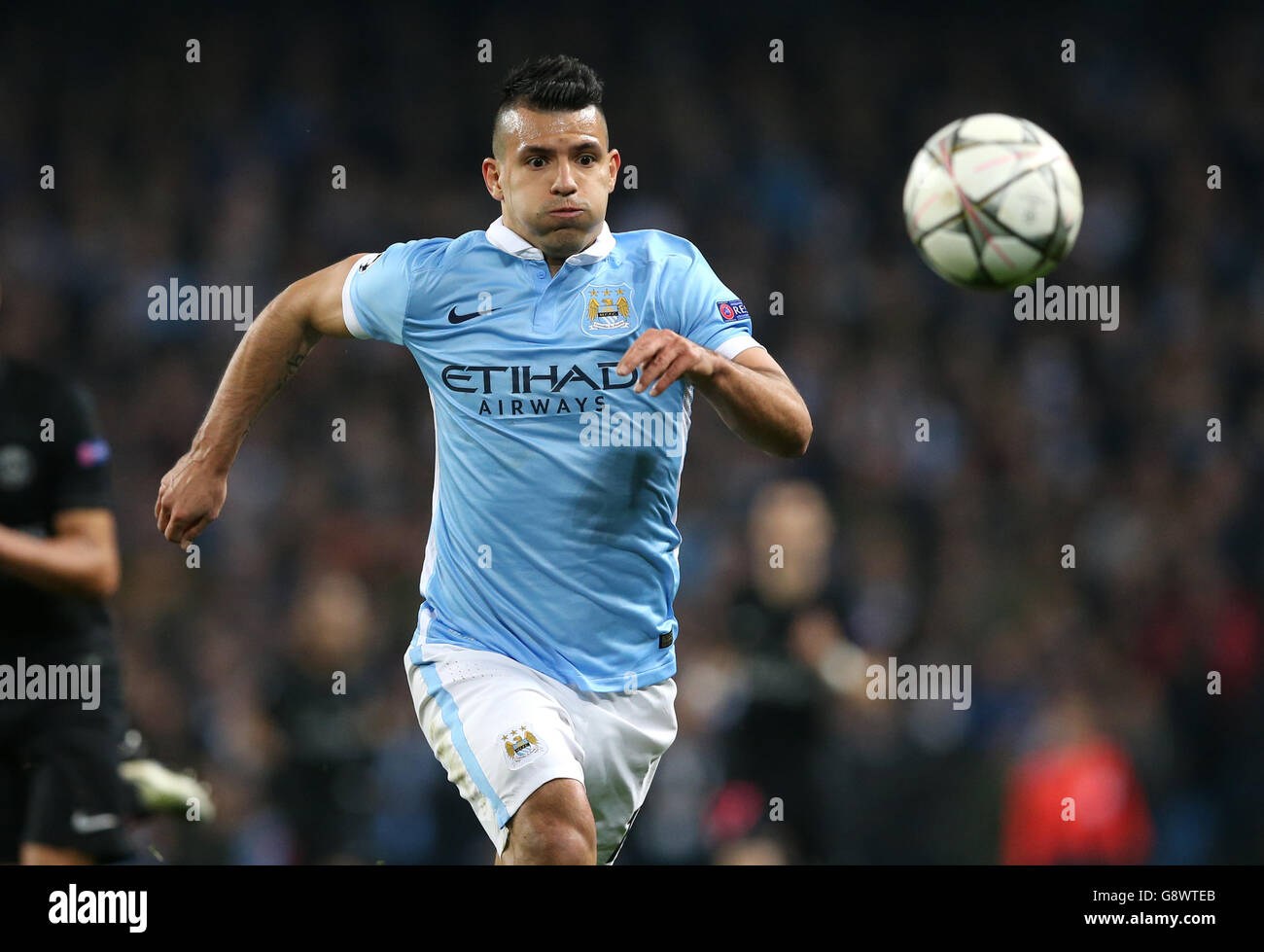 Sergio Aguero von Manchester City beim UEFA Champions League Quarter Final, Second Leg Match im Etihad Stadium, Manchester. DRÜCKEN SIE VERBANDSFOTO. Bilddatum: Dienstag, 12. April 2016. Siehe PA-Geschichte SOCCER man City. Bildnachweis sollte lauten: Martin Rickett/PA Wire Stockfoto