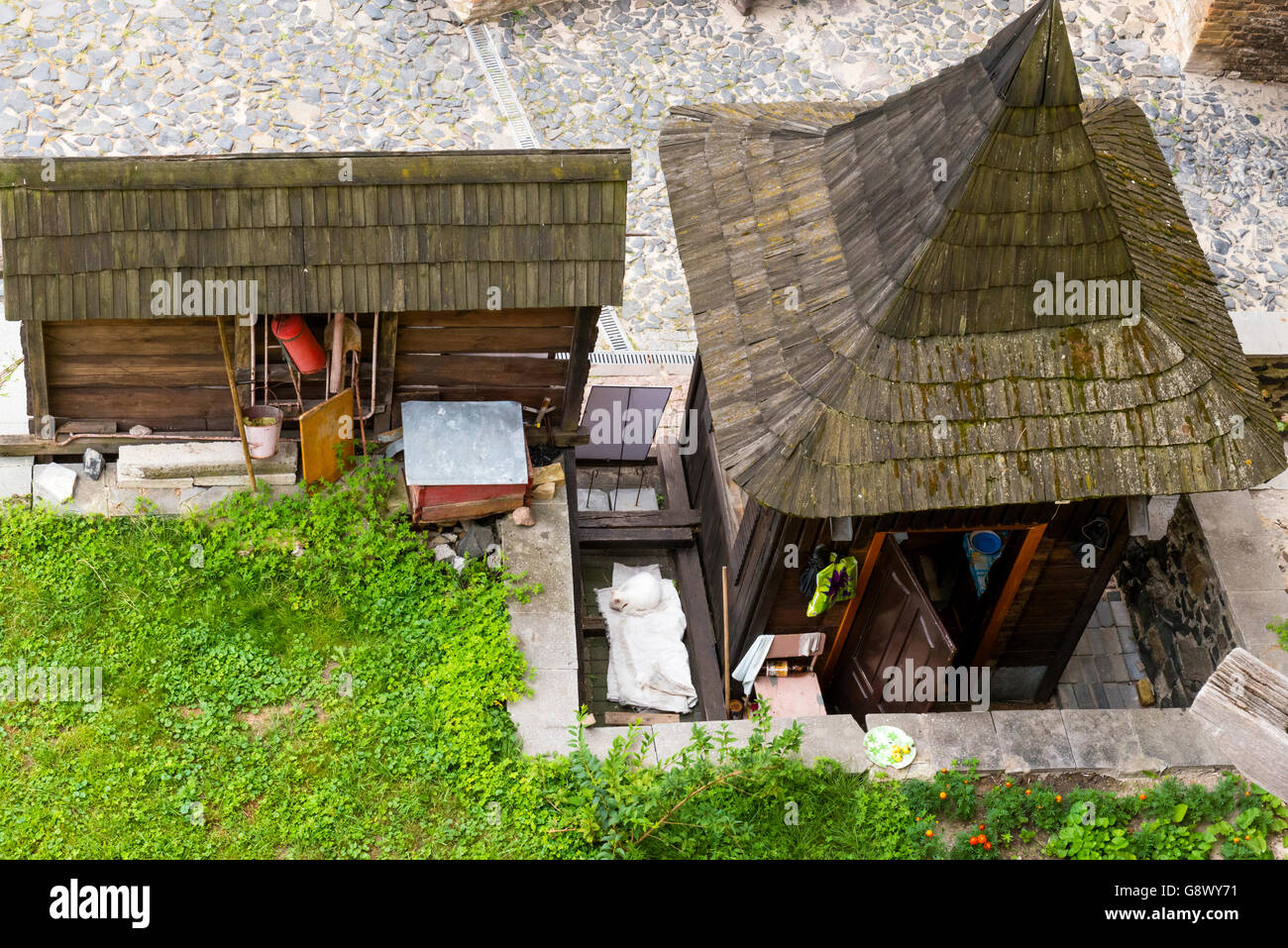 Rückseite eines Ticket-Büros in Luzk Hochschloss, Luzk, Ukraine Stockfoto