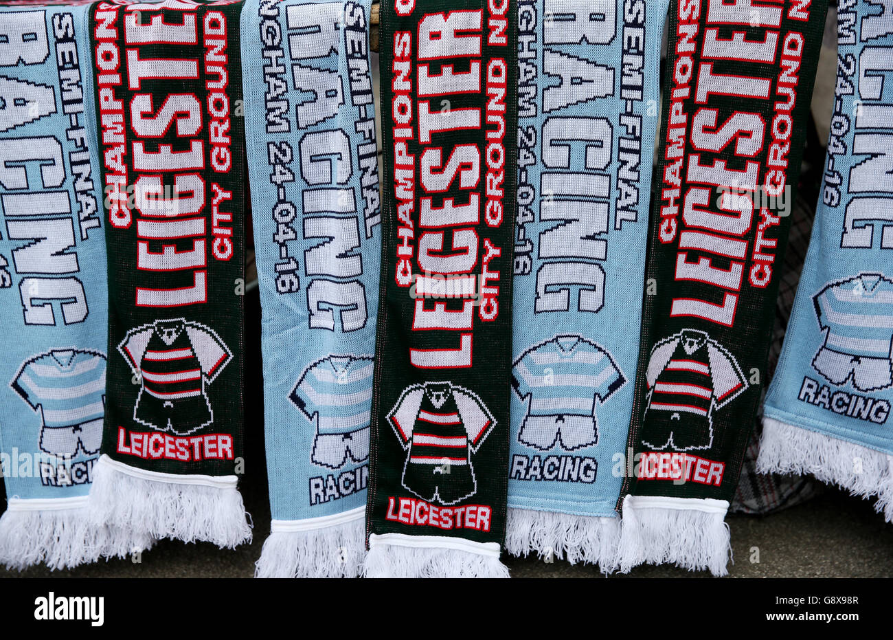 Leicester gegen Racing-Schals vor dem European Champions Cup, Halbfinalspiel auf dem City Ground, Nottingham. Stockfoto