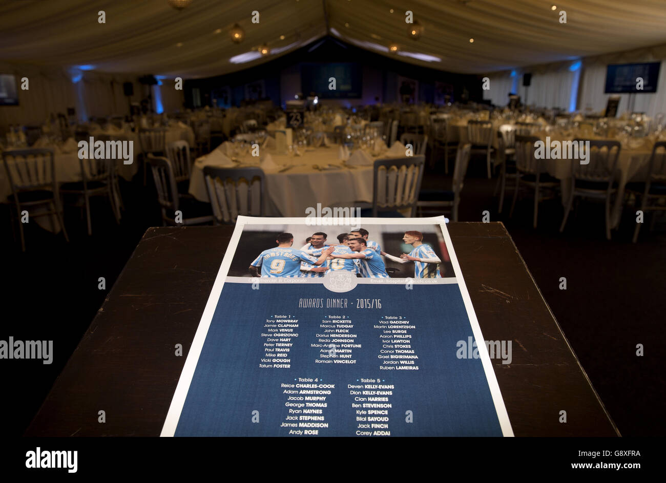 Coventry City End of Season Awards-Abend. Eine Gesamtansicht eines Sitzplans für den Speisesaal vor dem Saisonende Stockfoto