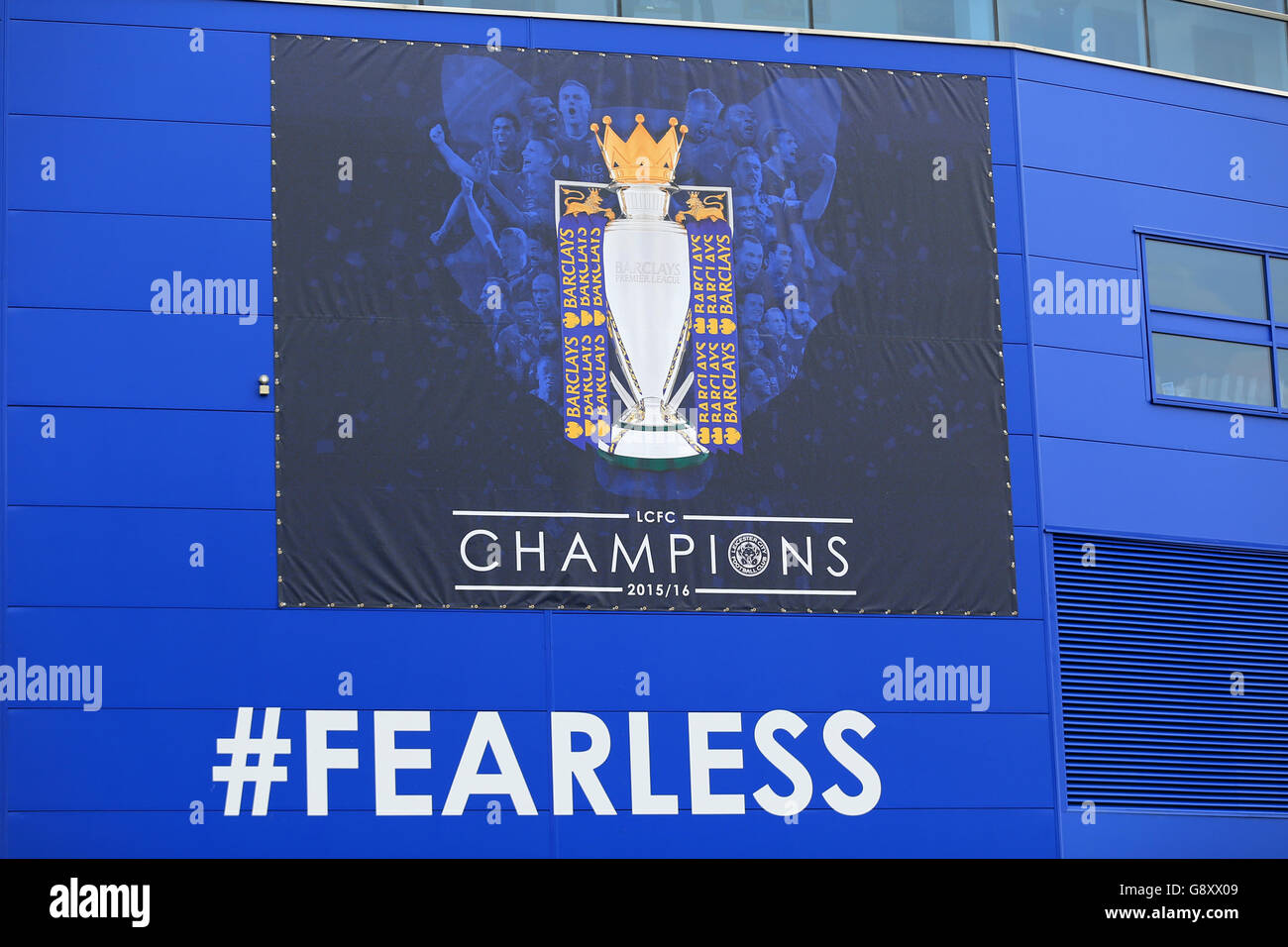 Leicester City gegen Everton - Barclays Premier League - King Power Stadium. Ein Fearless-Schild an der Seite des King Power Stadions Stockfoto