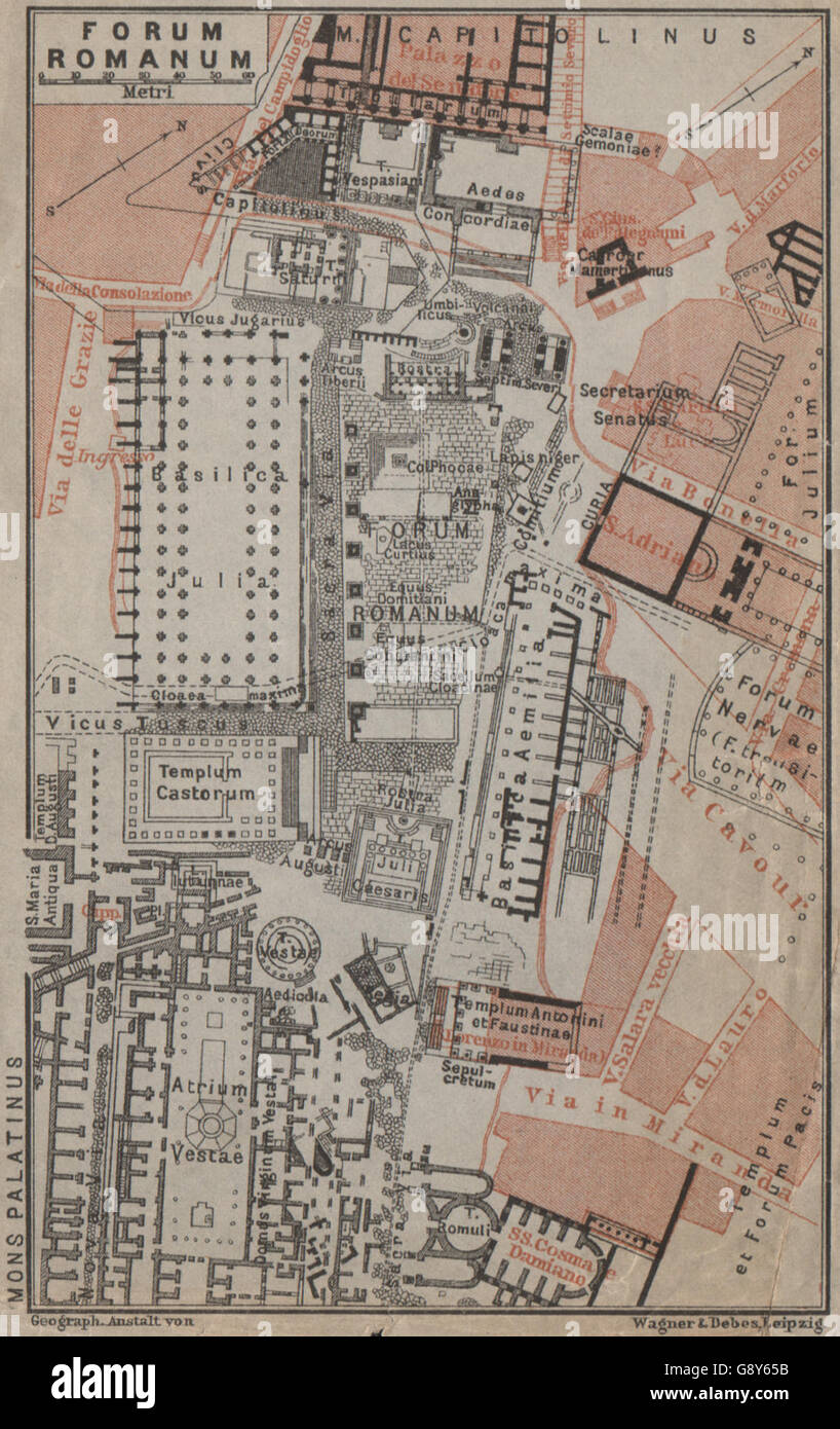 FORUM ROMANUM Grundriss, Rom. Roman Forum Mappa. BAEDEKER, 1909 Stockfoto