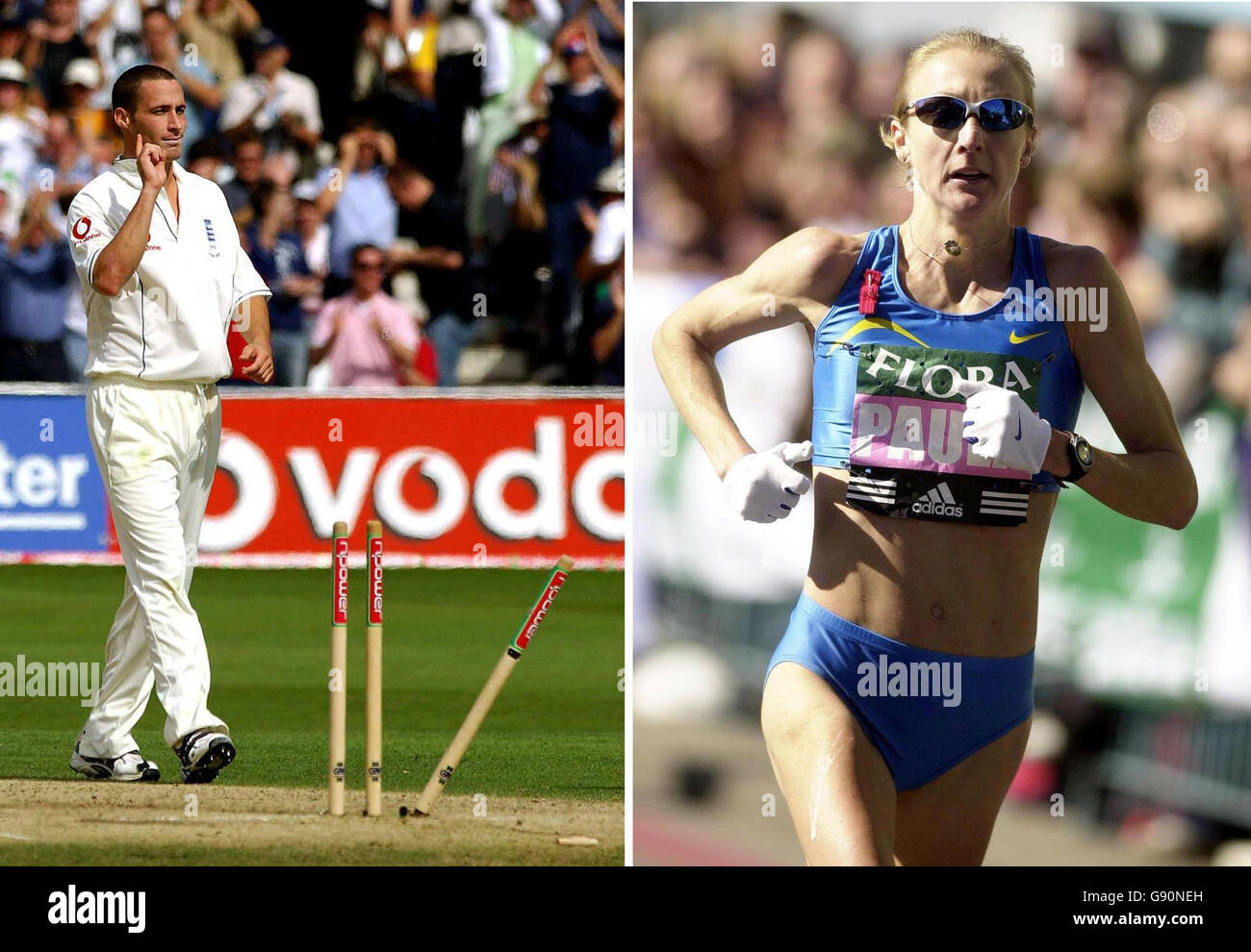 Filigrane Fotos von Simon Jones aus England, der das Dickicht von Michael Kasprowicz aus Australien an der Trent Bridge feiert, und Paula Radcliffe, die den Marathon vom 27/08/2005 bzw. 17/05/2005 laufen. Sportliche Erinnerungsstücke, darunter ein Stumpf aus dem Trent-Bridge-Test und Radcliffes Laufweste und Shorts aus dem Chicago-Marathon 2002, werden am Mittwoch, den 2. November 2005, in Bonhams in Chester unter den Hammer gehen. Siehe PA Story SALE Sport. DRÜCKEN SIE VERBANDSFOTO. Das Foto sollte lauten: Rui Vieira/Lindsey Parnaby /PA. Stockfoto