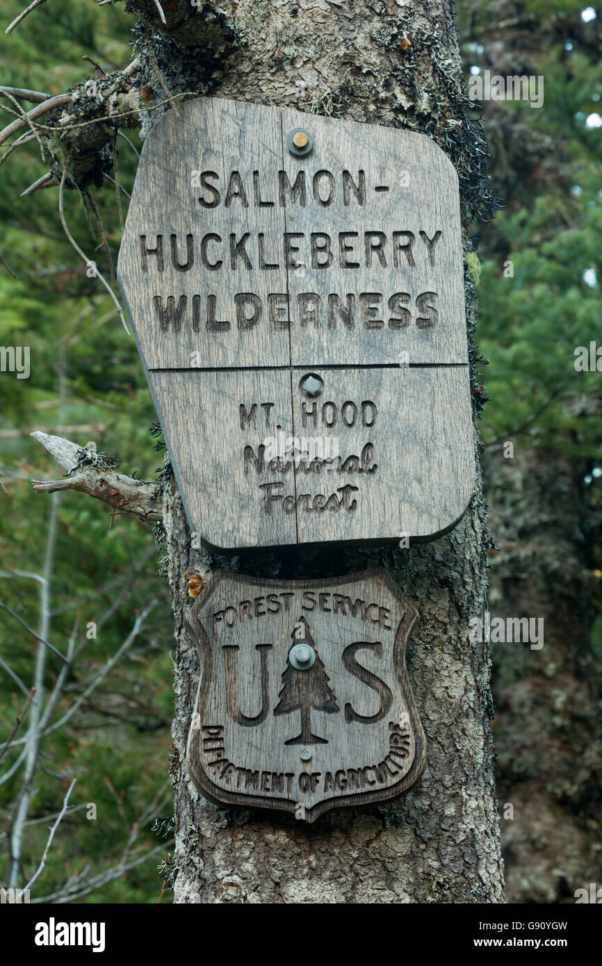Zeichen der Wildnis entlang Mirror Lake Trail, Lachs-Huckleberry Wildnis, Mt Hood National Forest, Oregon Stockfoto