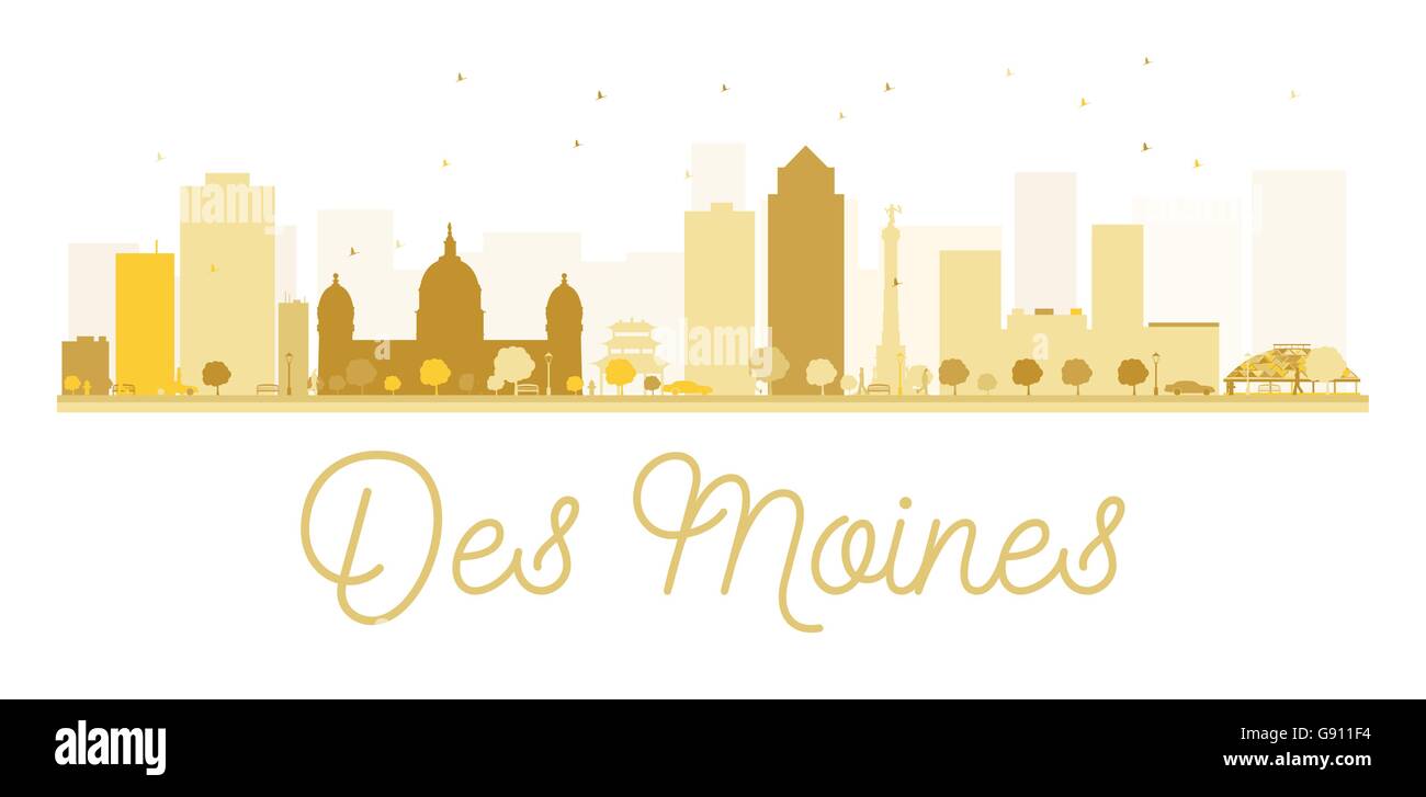 Des Moines Stadt Skyline goldene Silhouette. Vektor-Illustration. Stadtbild mit Sehenswürdigkeiten Stock Vektor