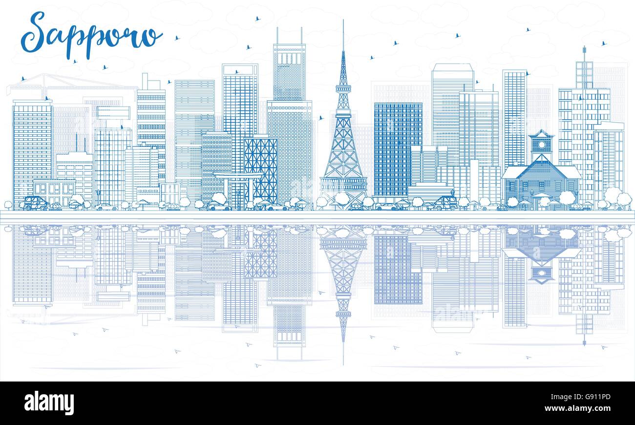 Umriss Sapporo Skyline mit blauen Gebäuden und Reflexionen. Vektor-Illustration. Wirtschaft und Tourismus-Konzept Stock Vektor