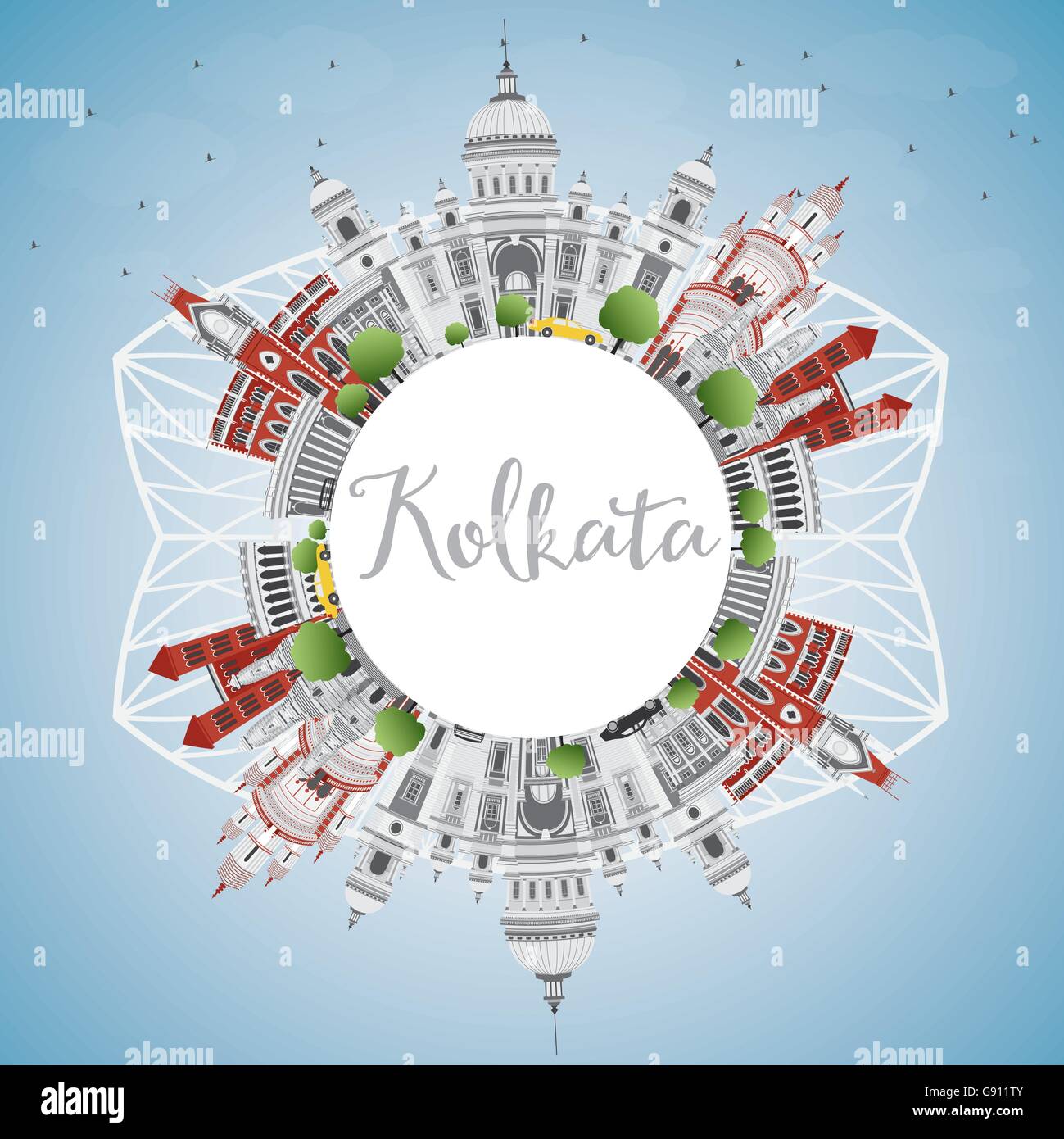 Kolkata Skyline mit grauen Wahrzeichen und Textfreiraum. Vektor-Illustration. Geschäftsreisen und Tourismus-Konzept Stock Vektor