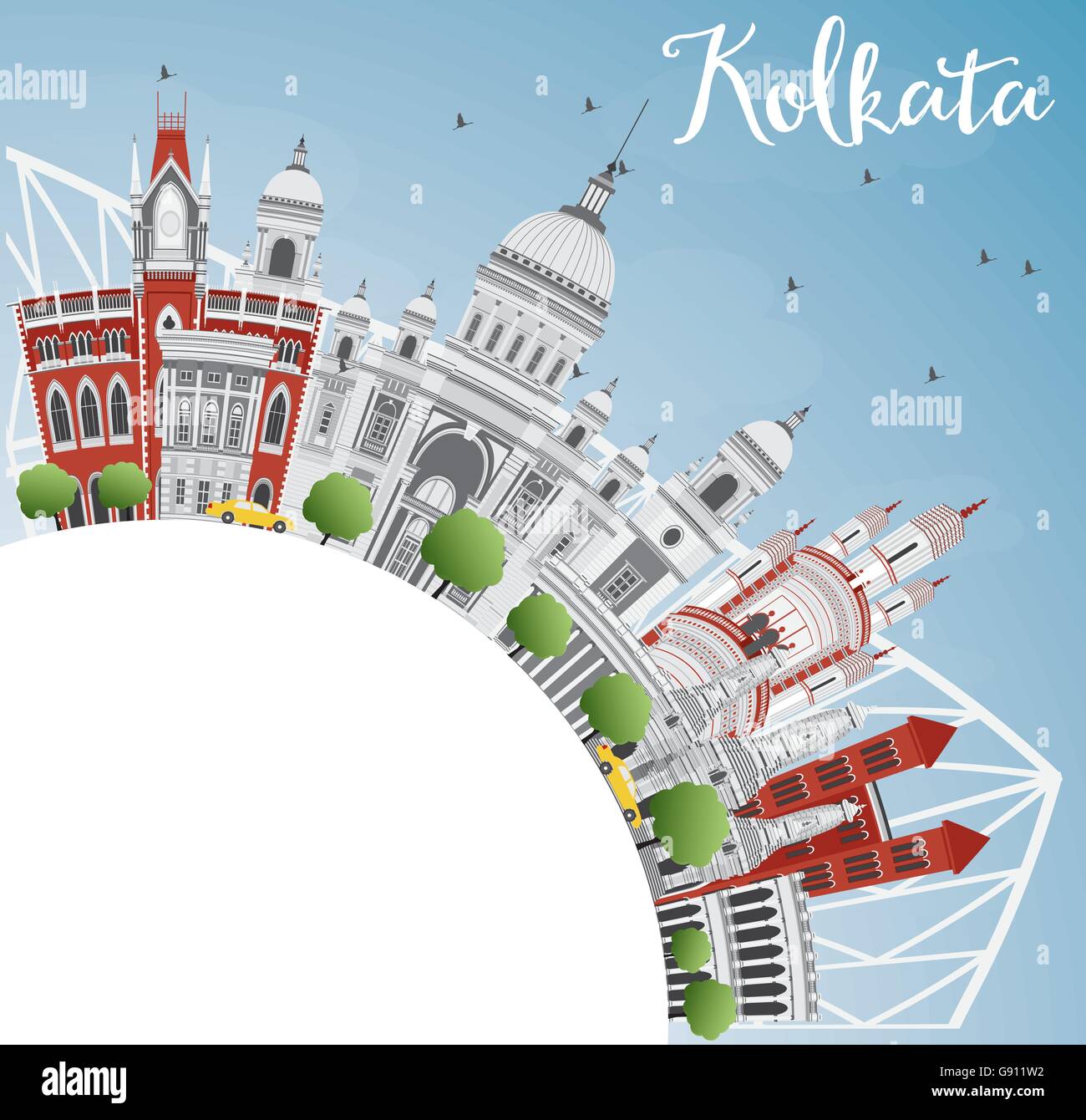 Kolkata Skyline mit grauen Wahrzeichen und Textfreiraum. Vektor-Illustration. Geschäftsreisen und Tourismus-Konzept Stock Vektor