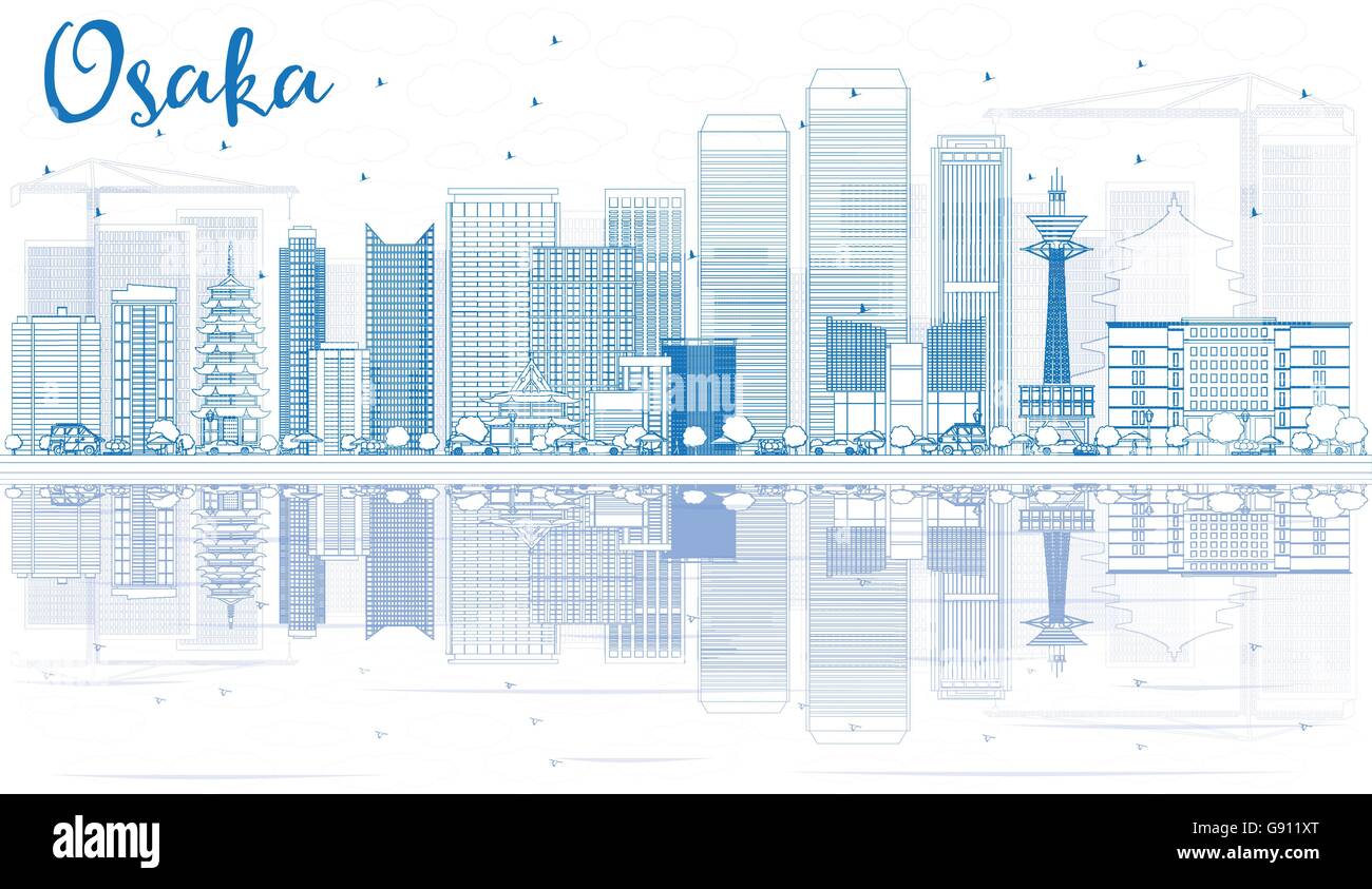 Umriss Osaka Skyline mit blauen Gebäuden und Reflexionen. Vektor-Illustration. Wirtschaft und Tourismus-Konzept Stock Vektor